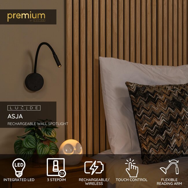 Premium ASJA - Oplaadbare Wandspot / Wandlamp - Accu/Batterij - LED 3 StepDim - 1x3W 2700K - Zwart - 41206/03/30