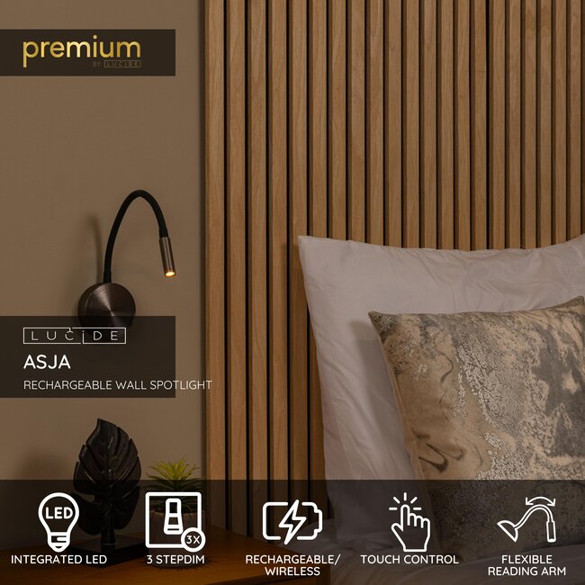 Premium ASJA - Rechargeable Wall Spotlight / Wall Lamp - Battery - LED 3 StepDim - 1x3W 2700K - Gray iron - 41206/03/15