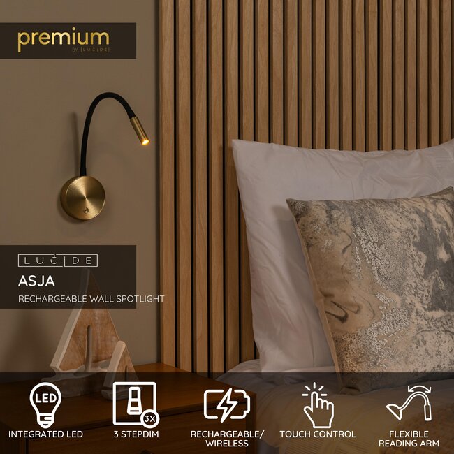 Premium ASJA - Oplaadbare Wandspot / Wandlamp - Accu/Batterij - LED 3 StepDim - 1x3W 2700K - Mat Goud / Messing - 41206/03/02