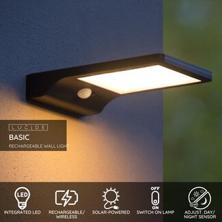 Lucide BASIC - Wandlamp - Zonne-energie - LED - 1x3W 2700K - IP44 - Beweging & dag/nacht sensor - Zwart
