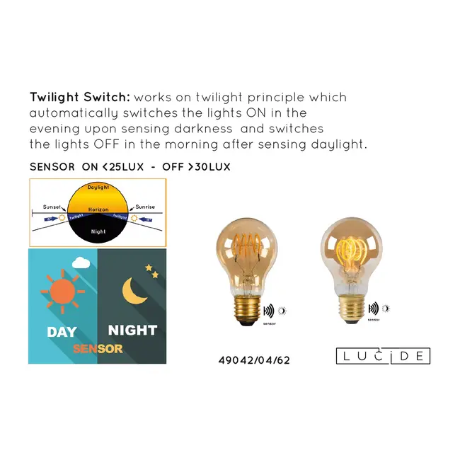 A60 TWILIGHT SENSOR - Lampe à filament - Ø 6 cm - LED - E27 - 1x4W 2200K - Capteur jour/nuit - Ambre - 49042/04/62