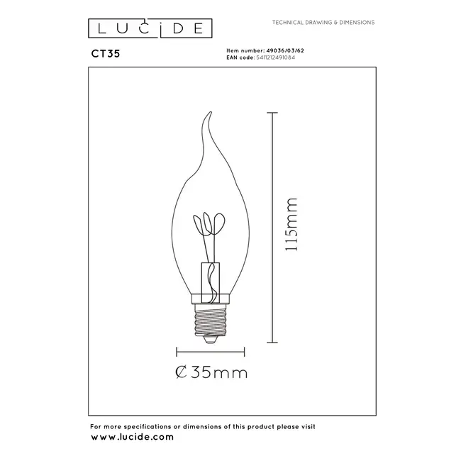 CT35 - Filament lamp - Ø 3,5 cm - LED Dimb. - E14 - 1x3W 2200K - Amber - 49036/03/62
