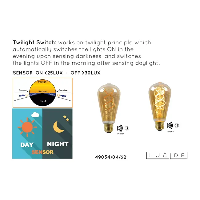 ST64 CAPTEUR CRÉPUSCULAIRE - Lampe à filament - Ø 6,4 cm - LED - E27 - 1 x 4 W 2200 K - Capteur jour/nuit - Ambre - 49034/04/62