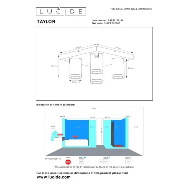 TAYLOR - Plafondspot Badkamer - LED Dim to warm - GU10 - 4x5W 2200K/3000K - IP44 - Wit - 09930/20/31