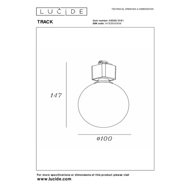 TRACK TYCHO - Railspot - 1-phase Rail system / Rail lighting - 1xG9 - Opal (Expansion) - 09959/31/61