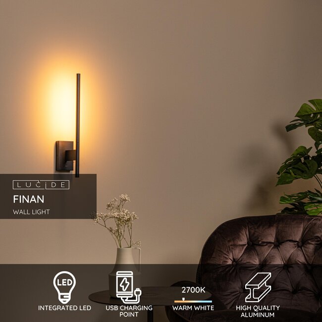 FINAN - Applique - LED - 1x6W 2700K - Avec prise USB - Noir - 68210/06/30
