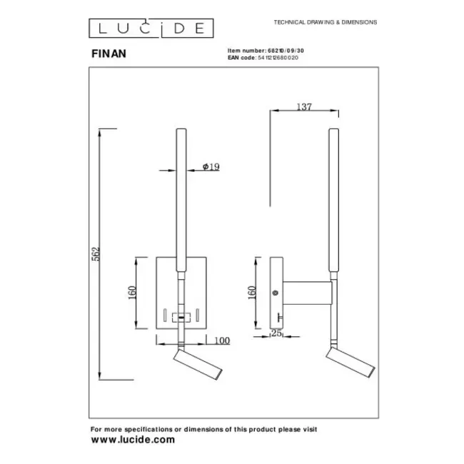 FINAN - Wandlamp - LED - 2700K - Met USB oplaadpunt - Zwart - 68210/09/30