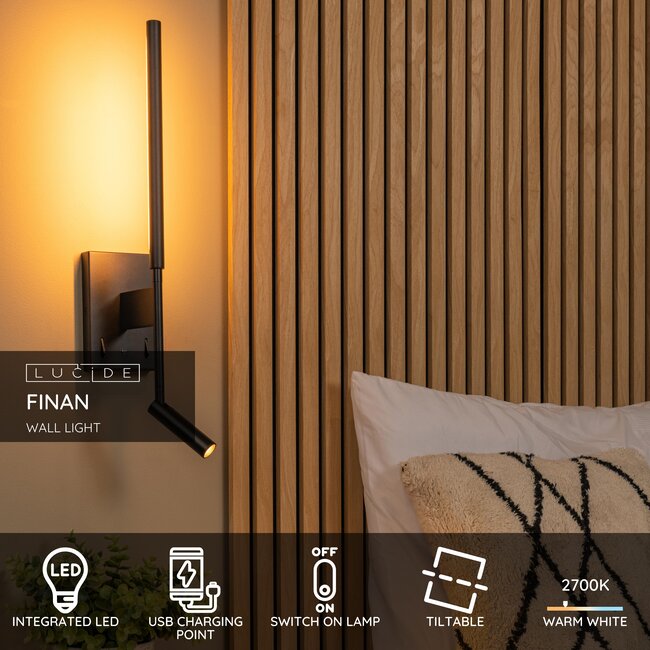 FINAN - Wandlamp - LED - 2700K - Met USB oplaadpunt - Zwart - 68210/09/30