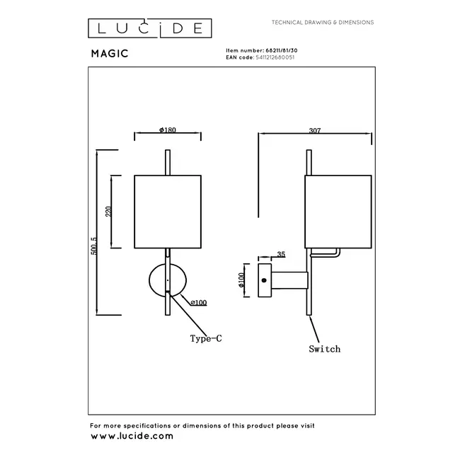 MAGIC - Wall lamp - 1xE27 - With USB charging point - Black - 68211/81/30