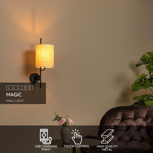 MAGIC - Applique - 1xE27 - Avec prise USB - Noir - 68211/81/30