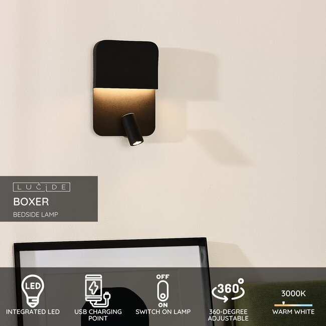 BOXER - Bedside lamp / Wall lamp - LED - 3000K - With USB charging point - Black - 79200/08/30