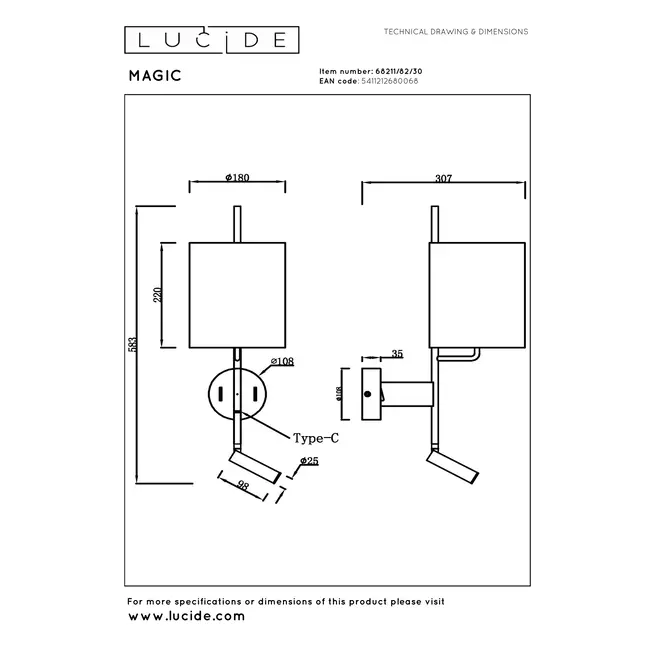 MAGIC - Wall lamp - 1xE27 - With USB charging point - Black - 68211/82/30