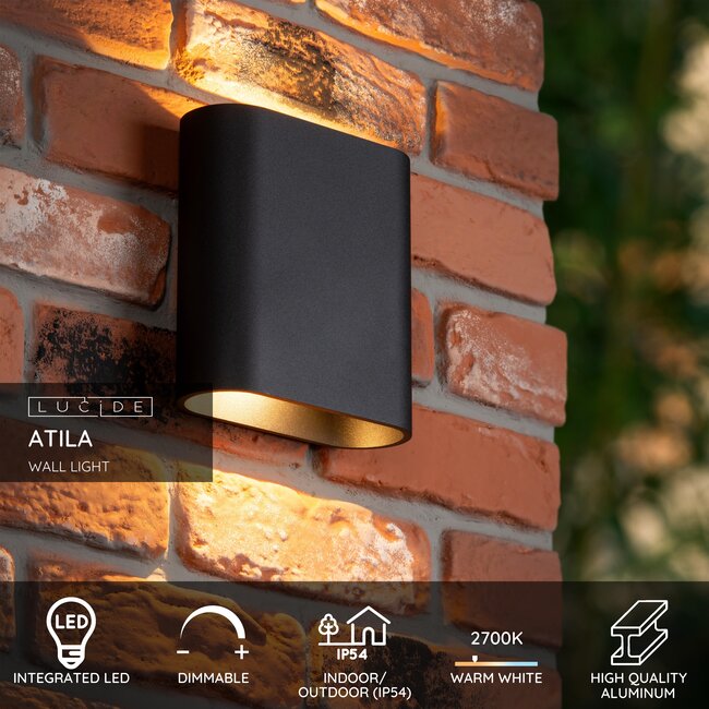 ATILA - Wall lamp Indoor/Outdoor - LED Dimb. - 2x5W 2700K - IP54 - Black - 69806/12/30