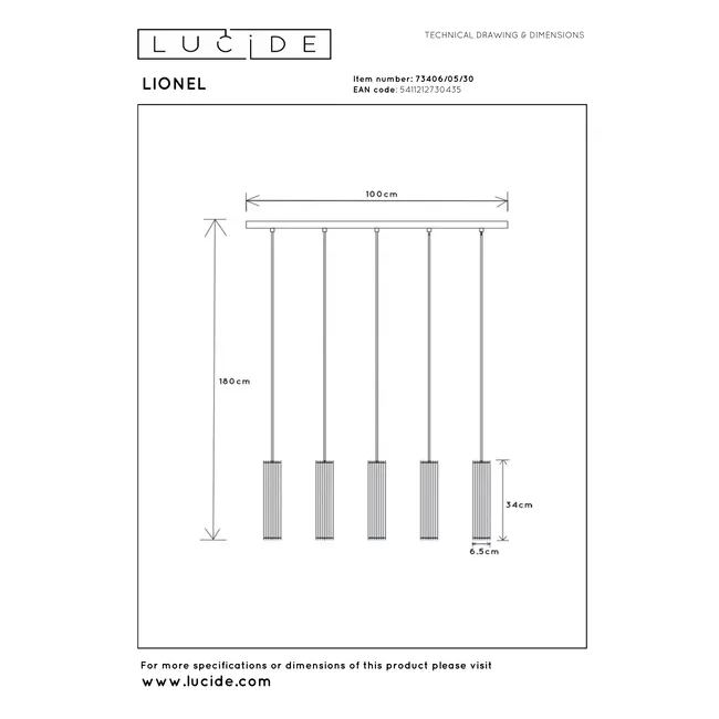 LIONEL - Suspension - 5xE27 - Noir - 73406/05/30