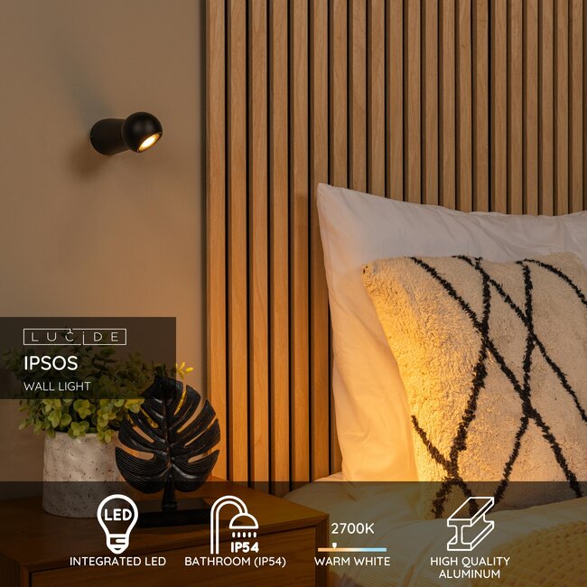 IPSOS - Wall lamp Bathroom - LED - 1x6W 2700K - IP54 - Black - 33200/05/30