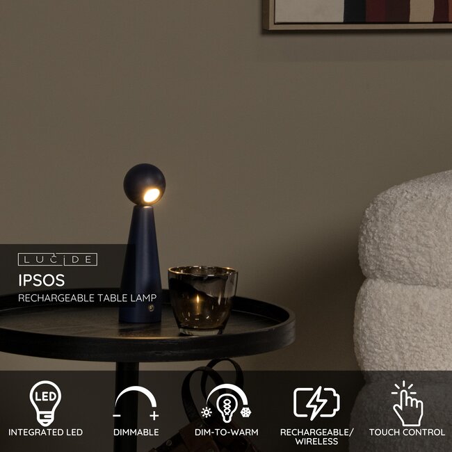 IPSOS - Rechargeable Table Lamp - Battery - LED Dim to warm - 1x3W 3000K/3200K - Blue - 33500/03/35