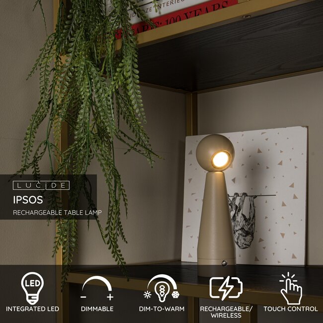 IPSOS - Oplaadbare Tafellamp - Accu/Batterij - LED Dim to warm - 1x3W 3000K/3200K - Taupe - 33500/03/41
