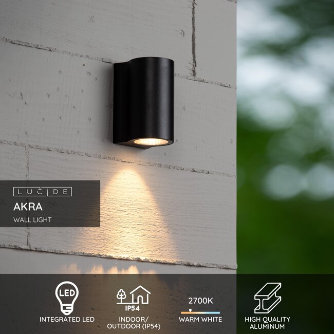AKRA - Wandlamp Binnen/Buiten - LED - 1x6W 2700K - IP54 - Zwart - 33801/06/30