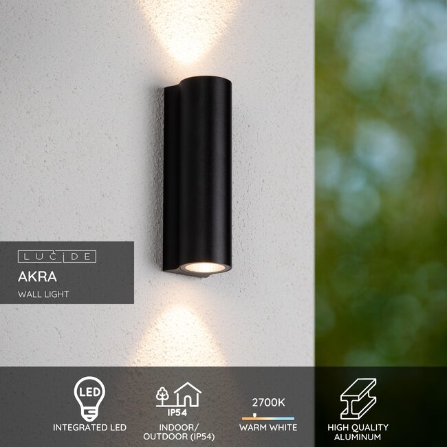 AKRA - Wandlamp Binnen/Buiten - LED - 2x6,5W 2700K - IP54 - Zwart - 33801/11/30
