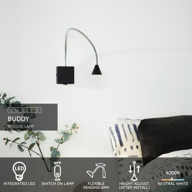 BUDDY - Lampe de chevet / Applique - LED - 1x4W 4000K - Noir - 18293/03/30