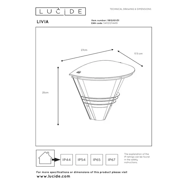 LIVIA - Wandlamp Binnen/Buiten - 1xE27 - IP44 - Wit - 11812/01/31