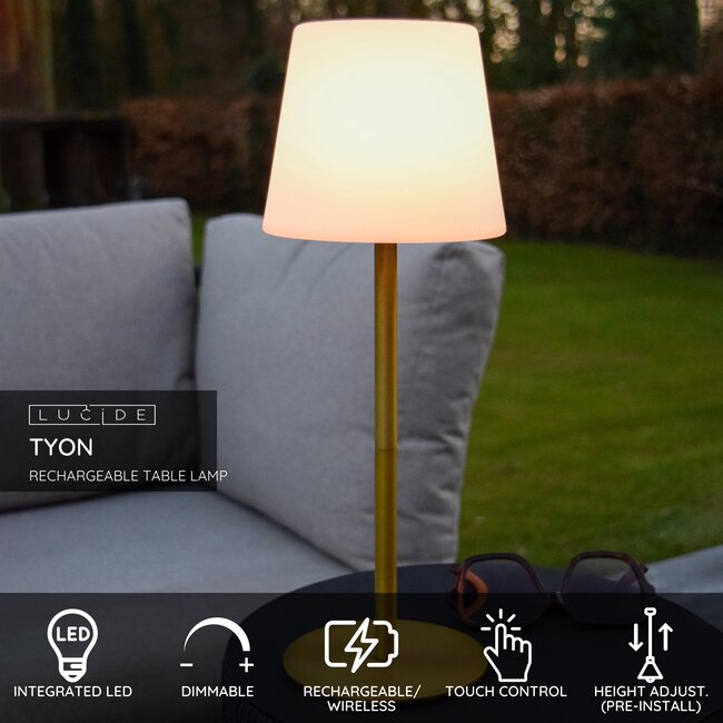 TYON - Oplaadbare Tafellamp Binnen/Buiten - Accu/Batterij - Ø 15 cm - LED Dimb. - 1x2W 2700K - IP65 - Mat Goud / Messing - 13816/02/02