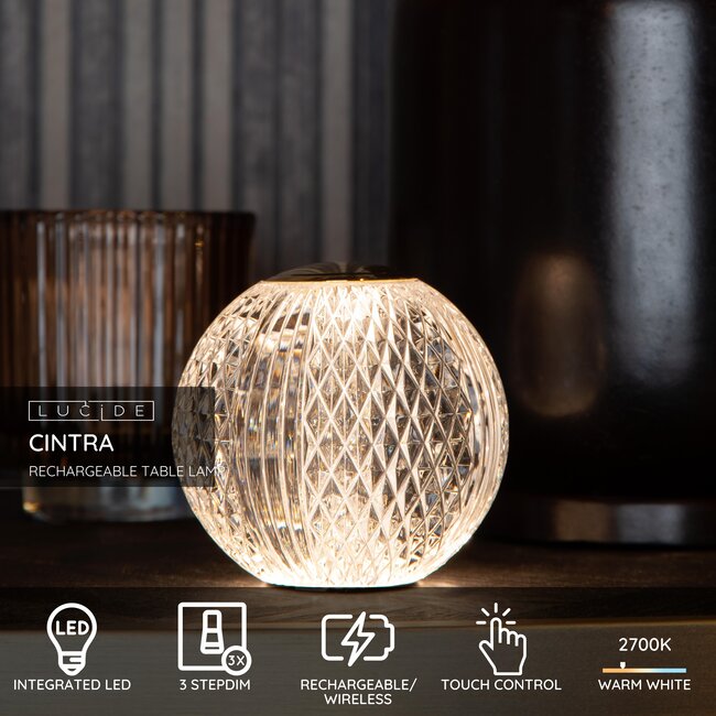 CINTRA - Rechargeable Table Lamp - Battery - Ø 11 cm - LED 3 StepDim - 1x2W 2700K - Transparent - 13599/02/60