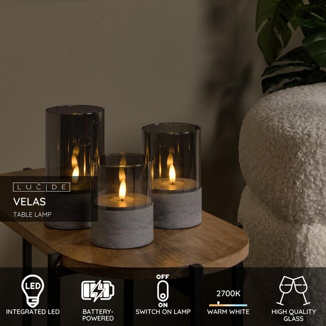 VELAS - Lampe de table - Piles - Ø 8 cm - LED - 3x0,2W 2700K - Fumée - Lot de 3 - 13500/03/65