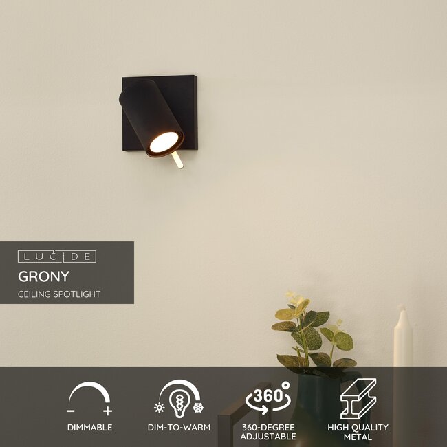 GRONY - Plafondspot - LED Dim to warm - GU10 - 1x5W 2200K/3000K - Zwart - 17998/05/30