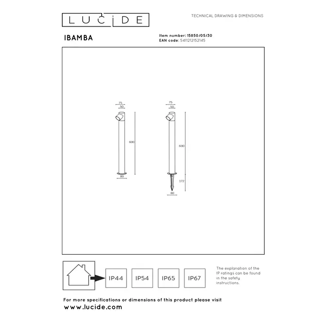 IBAMBA - Lampadaire - LED - 1x6W 3000K - IP65 - Noir - 15850/05/30