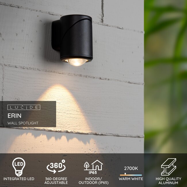 ERIN - Spot mural / Applique murale intérieur/extérieur - LED - 1x5W 2700K - IP65 - Noir - 15820/05/30