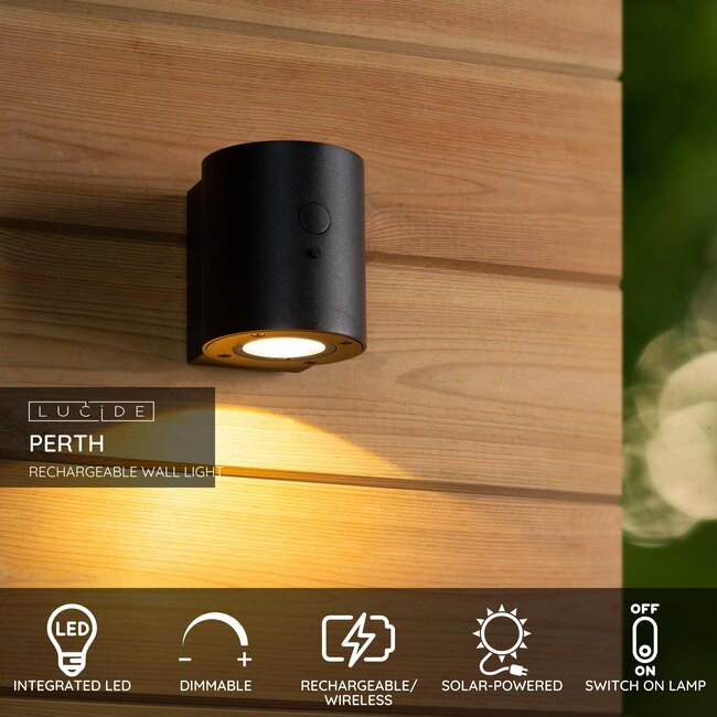 PERTH - Wandlamp - Zonne-energie - Ø 9 cm - LED Dimb. - 1x1W 2850K/3150K - IP65 - Dag/nacht sensor - Zwart - 15817/01/30
