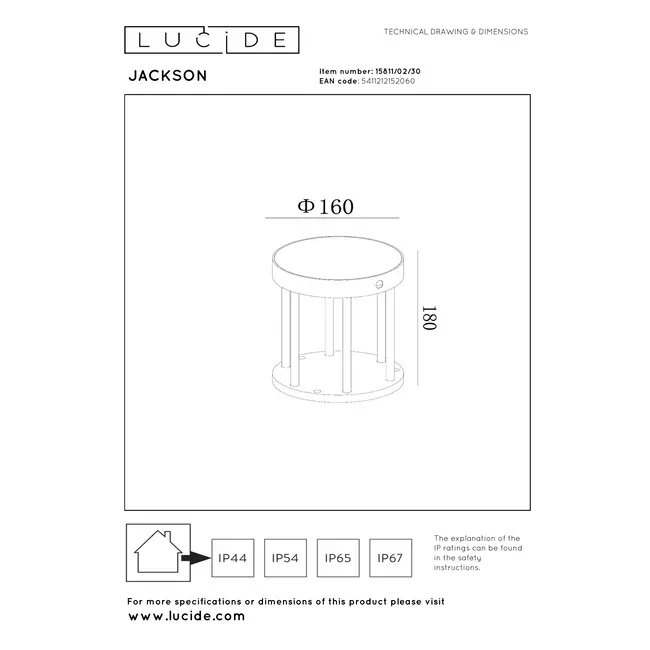 JACKSON - Pedestal lamp - Solar energy - Ø 16 cm - LED Dim to warm - 1x2W 2850K/3150K - IP54 - Day/night sensor - Black - 15811/02/30