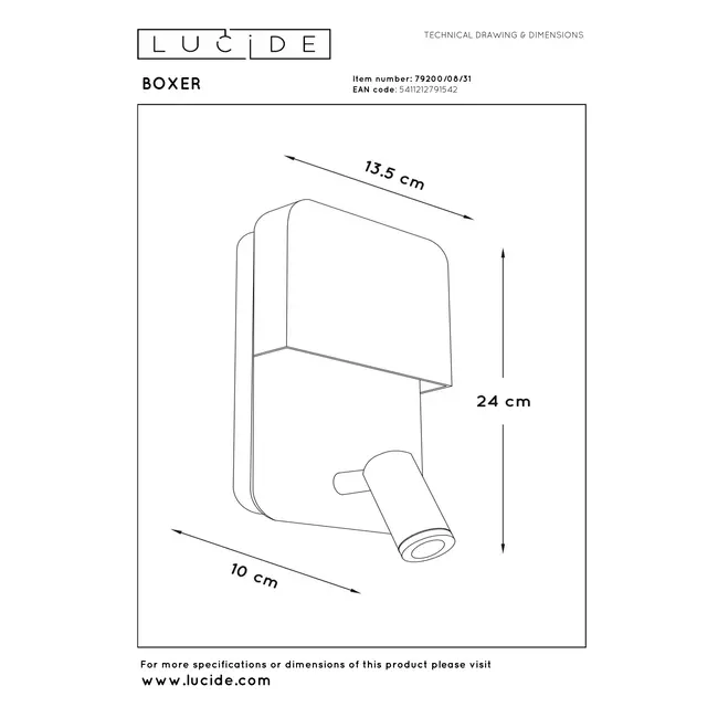 BOXER - Bedlamp / Wandlamp - LED - 3000K - Met USB oplaadpunt - Wit - 79200/08/31