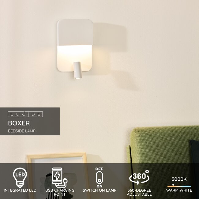 BOXER - Bedlamp / Wandlamp - LED - 3000K - Met USB oplaadpunt - Wit - 79200/08/31
