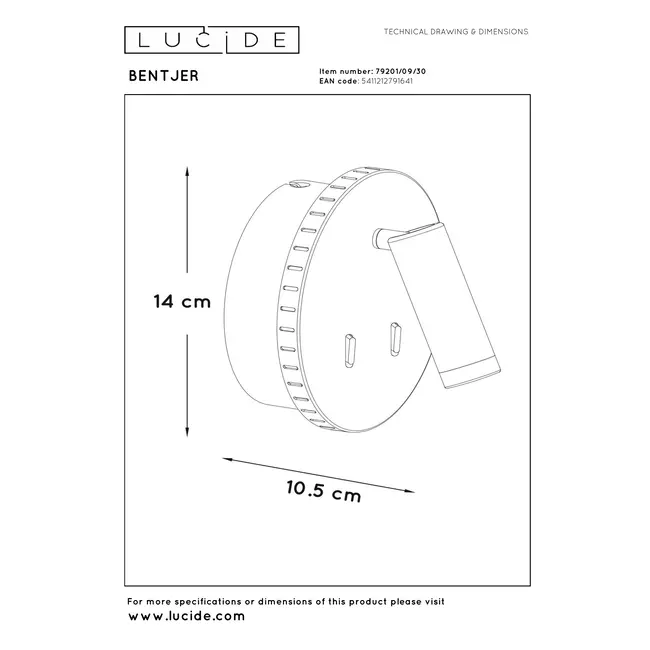 BENTJER - Bedlamp / Wandlamp - Ø 14 cm - LED - 3000K - Zwart - 79201/09/30