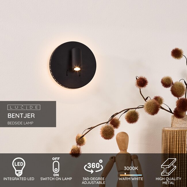 BENTJER - Lampe de chevet / Applique - Ø 14 cm - LED - 3000K - Noir - 79201/09/30