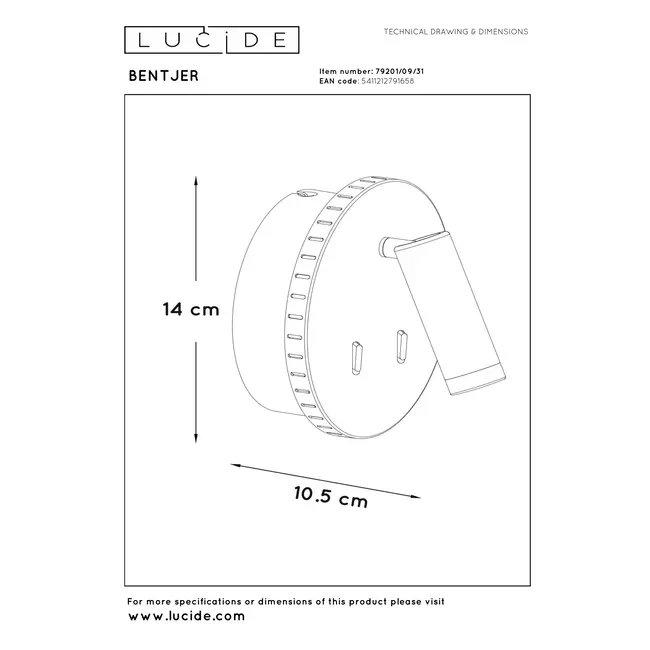 BENTJER - Bedlamp / Wandlamp - Ø 14 cm - LED - 3000K - Wit - 79201/09/31