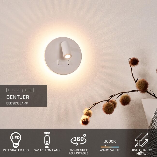 BENTJER - Bedlamp / Wandlamp - Ø 14 cm - LED - 3000K - Wit - 79201/09/31