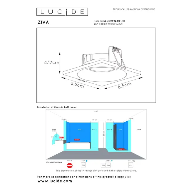 ZIVA - Inbouwspot Badkamer - 1xGU10 - IP44 - Wit - 09924/01/31