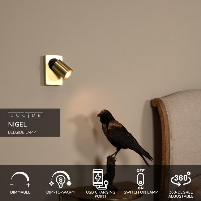 NIGEL - Bedside lamp / Wall lamp - LED Dim to warm - GU10 - 1x5W 2200K/3000K - With USB charging point - Matt Gold / Brass - 09929/06/02