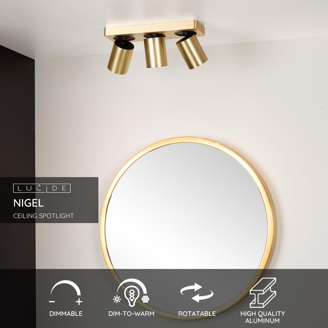 NIGEL - Plafondspot - LED Dim to warm - GU10 - 3x5W 2200K/3000K - Mat Goud / Messing - 09929/15/02