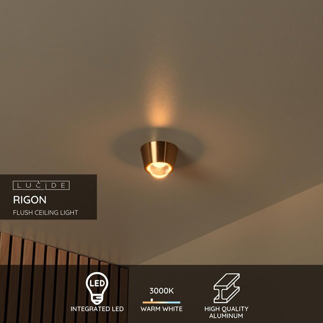 RIGON - Plafonnier - Ø 9 cm - LED - 1x7W 3000K - Or Mat / Laiton - 04116/06/02