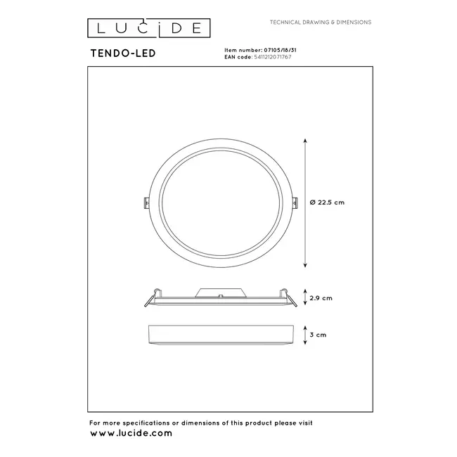 TENDO-LED - Plafonnière - Ø 22 cm - LED - 1x18W 3000K - Wit - 07105/18/31