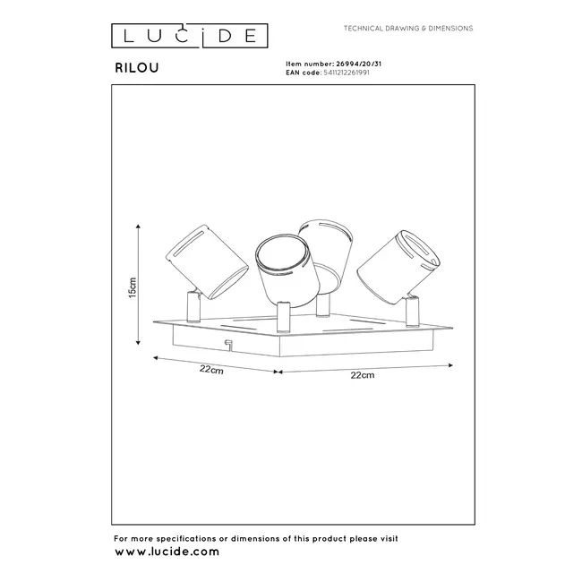 RILOU - Spot de plafond - LED à intensité variable. - GU10 - 4x5 W 3000 K - Blanc - 26994/20/31