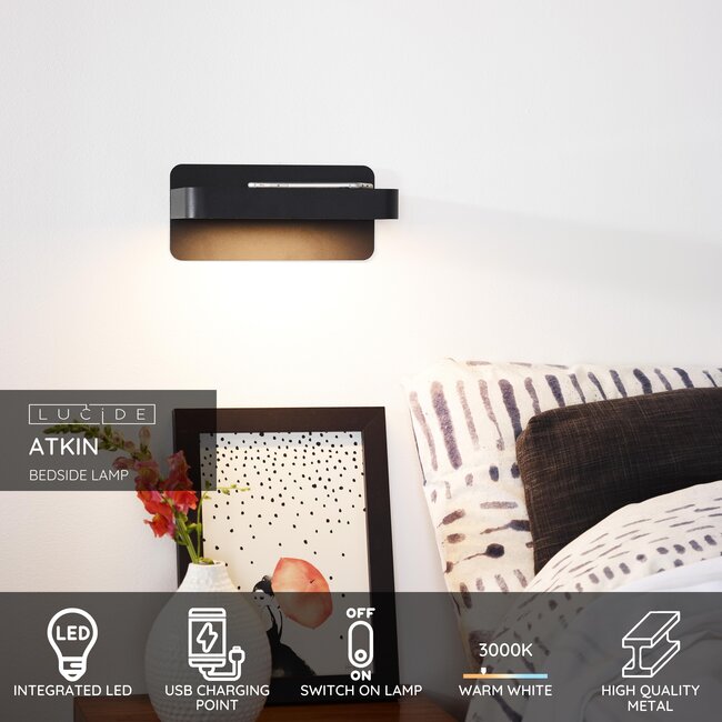 ATKIN - Bedlamp / Wandlamp - LED - 1x6W 3000K - Met USB oplaadpunt - Zwart - 77280/05/30