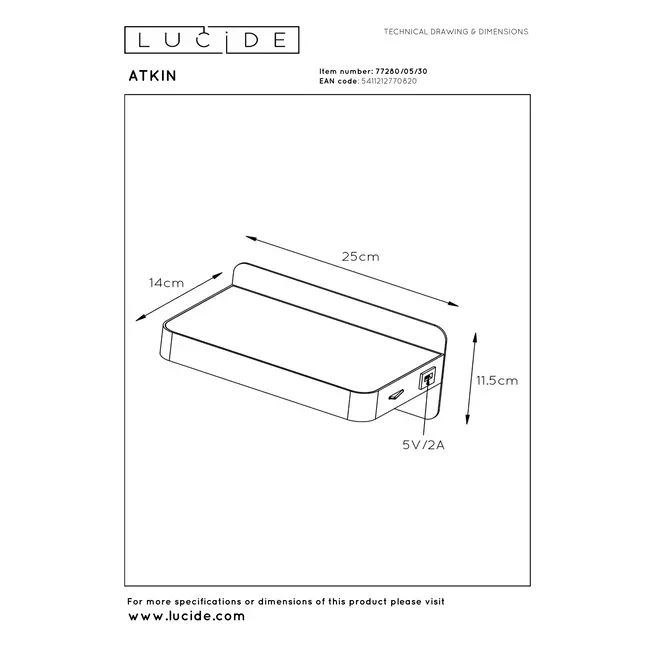 ATKIN - Lampe de chevet / Applique mural - LED - 1x6W 3000K - Point de rechargement USB - Noir - 77280/05/30