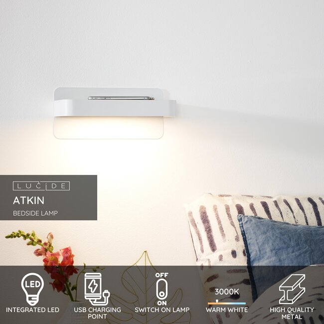 ATKIN - Lampe de chevet / Applique - LED - 1x6W 3000K - Avec prise USB - Blanc - 77280/05/31