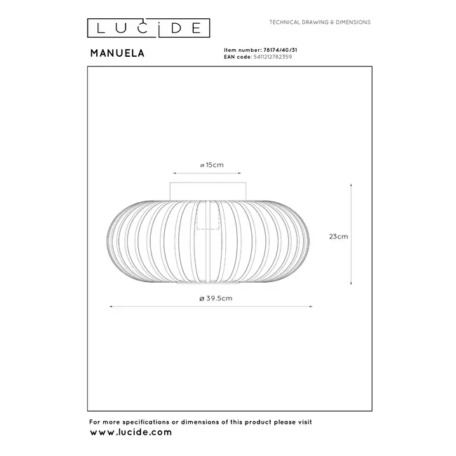 MANUELA - Plafonnière - Ø 39,5 cm - 1xE27 - Wit - 78174/40/31
