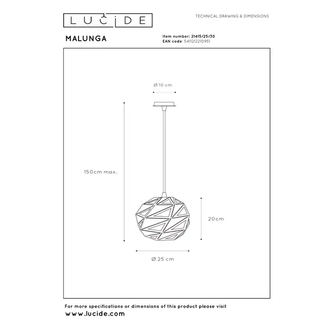 MALUNGA - Suspension - Ø 25 cm - 1xE27 - Noir - 21415/25/30